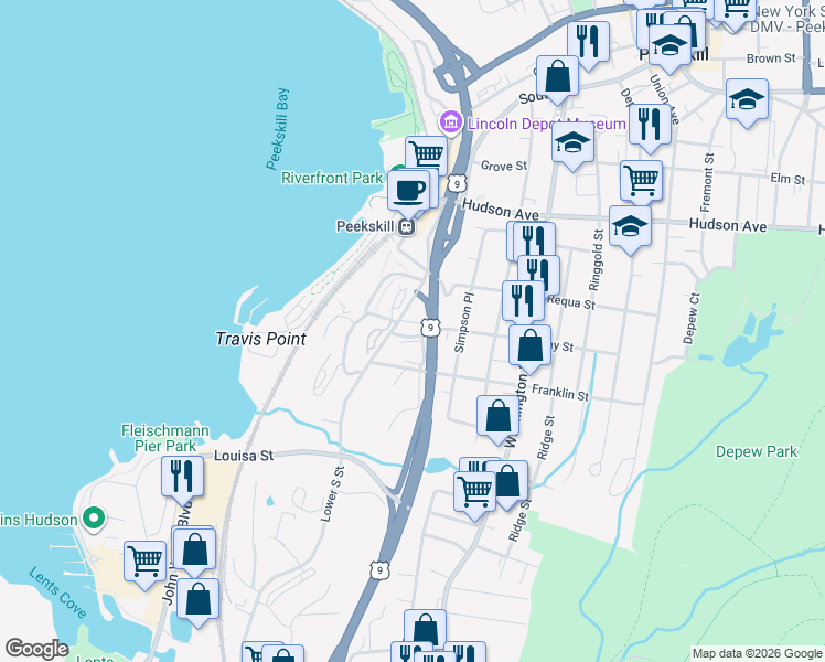 map of restaurants, bars, coffee shops, grocery stores, and more near 24 Waterview Estate in Peekskill