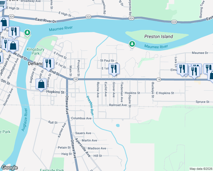 map of restaurants, bars, coffee shops, grocery stores, and more near 525 Euclid Avenue in Defiance