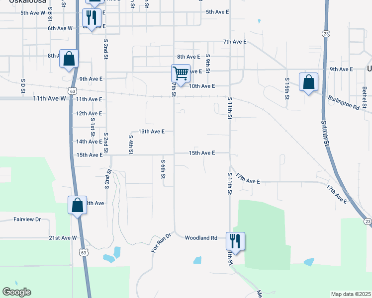 map of restaurants, bars, coffee shops, grocery stores, and more near 810 15th Avenue East in Oskaloosa