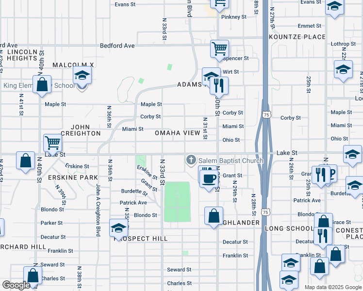 map of restaurants, bars, coffee shops, grocery stores, and more near 3202 Lake Street in Omaha
