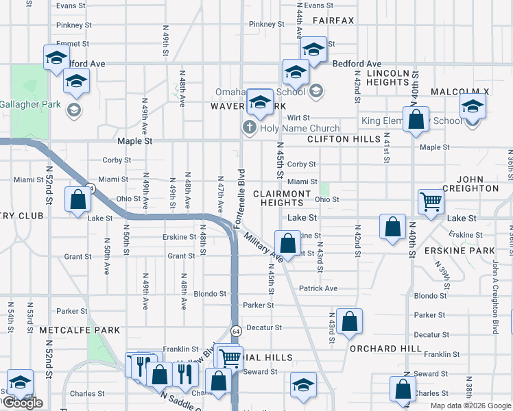 map of restaurants, bars, coffee shops, grocery stores, and more near 2430 North 45th Avenue in Omaha