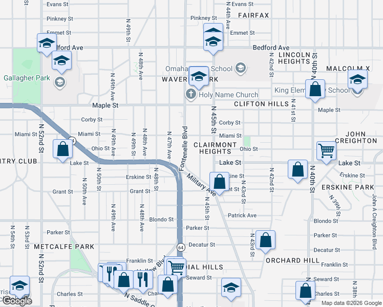 map of restaurants, bars, coffee shops, grocery stores, and more near 2430 North 45th Avenue in Omaha