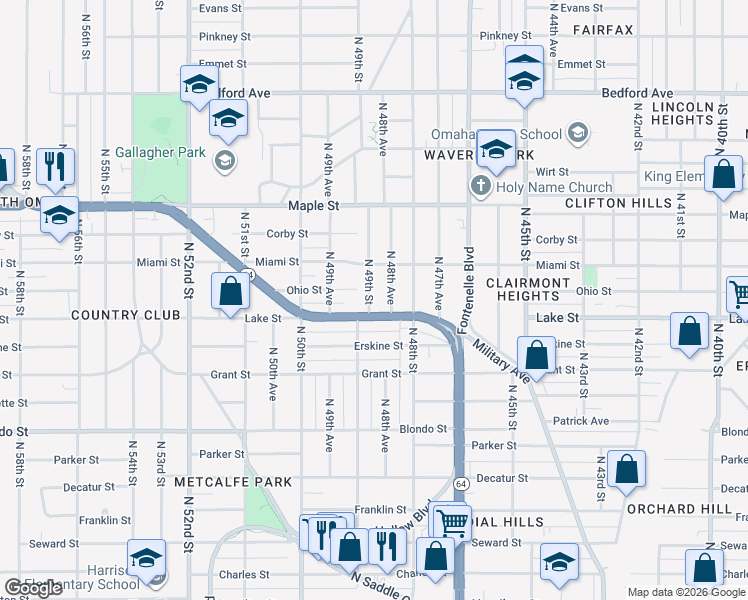 map of restaurants, bars, coffee shops, grocery stores, and more near 2504 North 48th Avenue in Omaha
