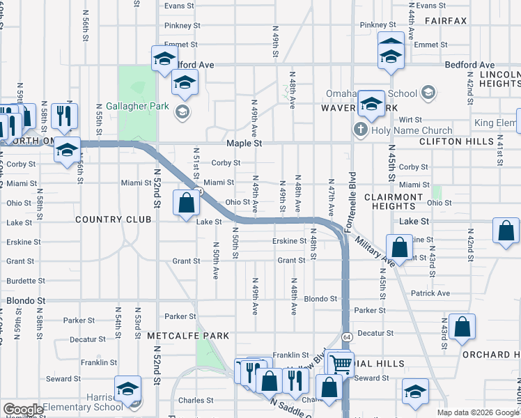 map of restaurants, bars, coffee shops, grocery stores, and more near in Omaha