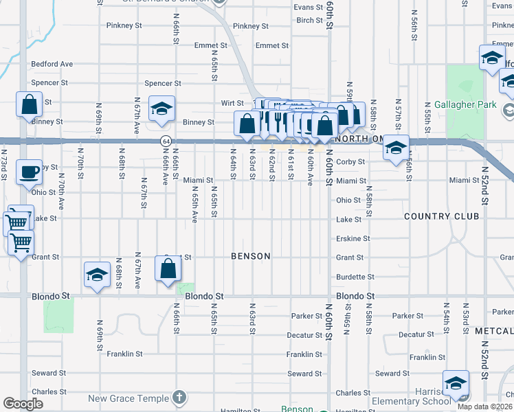 map of restaurants, bars, coffee shops, grocery stores, and more near 6212 Lake Street in Omaha