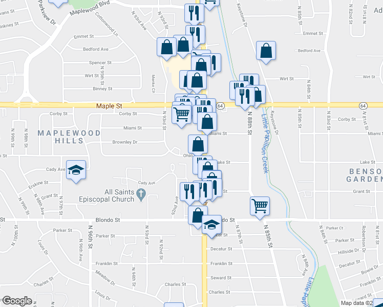 map of restaurants, bars, coffee shops, grocery stores, and more near 9039 Ohio Street in Omaha