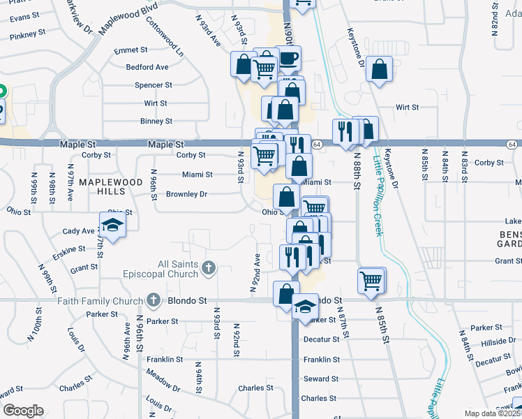 map of restaurants, bars, coffee shops, grocery stores, and more near 9039 Ohio Street in Omaha