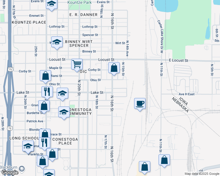 map of restaurants, bars, coffee shops, grocery stores, and more near 2514 North 16th Street in Omaha