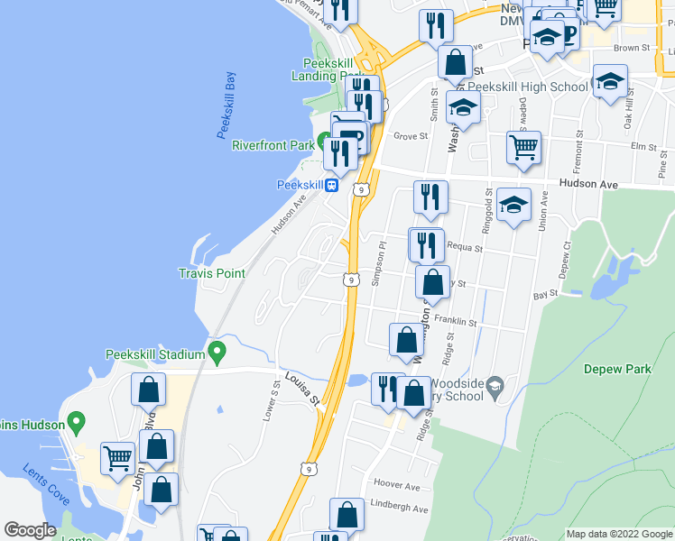 map of restaurants, bars, coffee shops, grocery stores, and more near 24 Waterview Estate in Peekskill