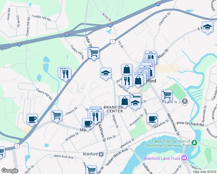map of restaurants, bars, coffee shops, grocery stores, and more near 20 Palmer Road in Branford