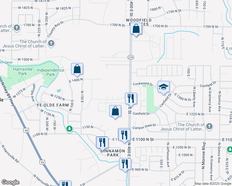 map of restaurants, bars, coffee shops, grocery stores, and more near 1371 North Washington Boulevard in Harrisville