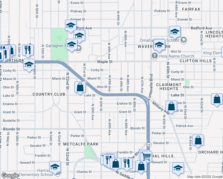map of restaurants, bars, coffee shops, grocery stores, and more near in Omaha