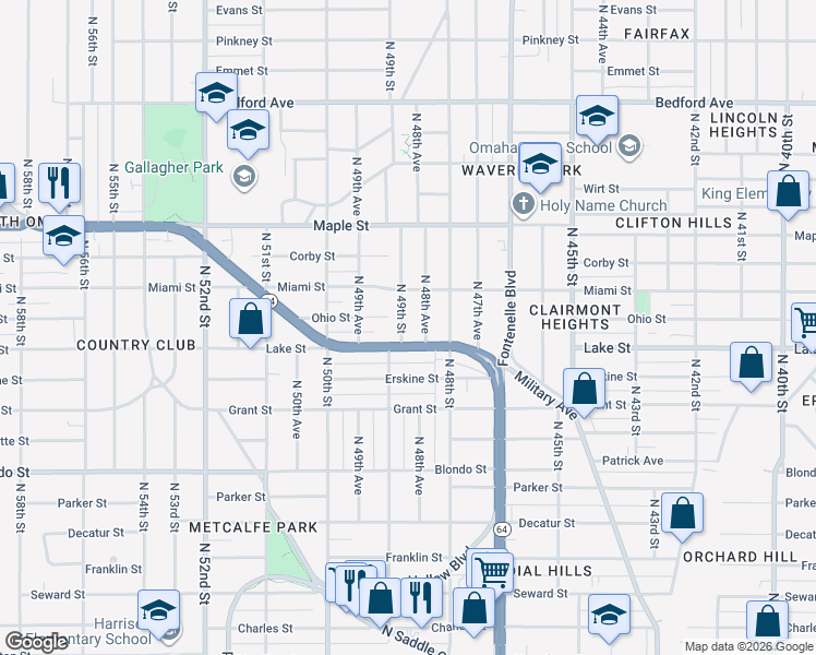 map of restaurants, bars, coffee shops, grocery stores, and more near 2504 North 48th Avenue in Omaha