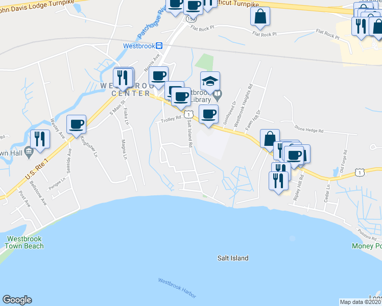 map of restaurants, bars, coffee shops, grocery stores, and more near Salt Island Road & Ez Street in Westbrook