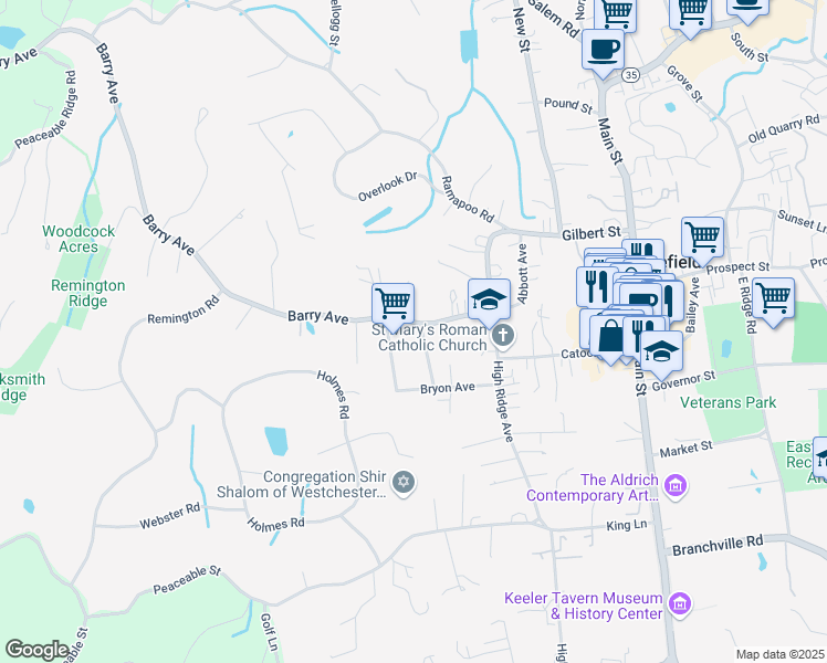 map of restaurants, bars, coffee shops, grocery stores, and more near 33 Barry Avenue in Ridgefield