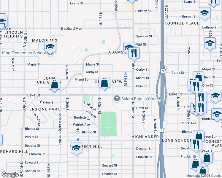 map of restaurants, bars, coffee shops, grocery stores, and more near 3202 Lake Street in Omaha