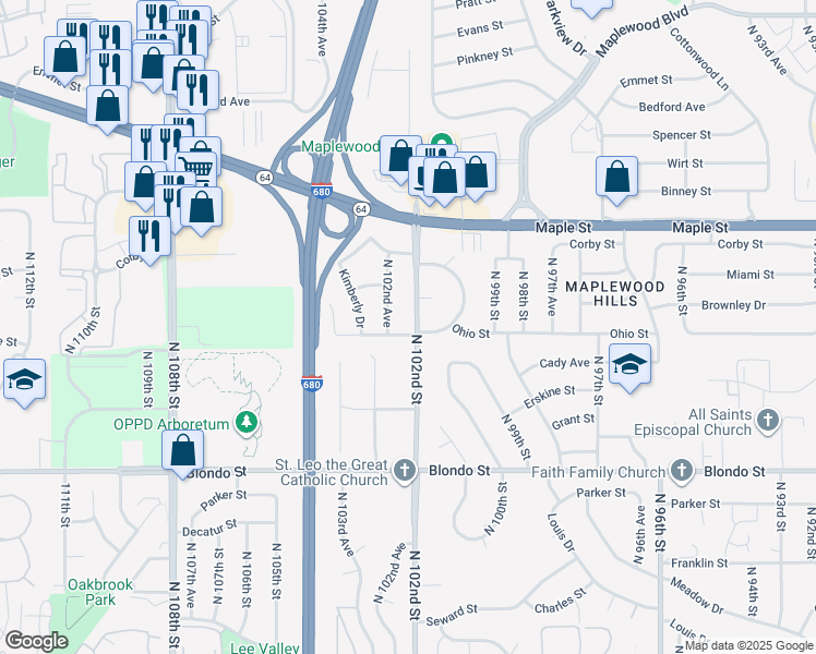 map of restaurants, bars, coffee shops, grocery stores, and more near 10205 Ohio Street in Omaha