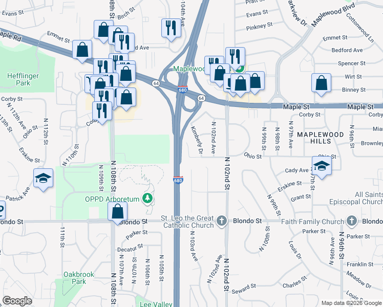 map of restaurants, bars, coffee shops, grocery stores, and more near 10329 Ohio Plaza in Omaha