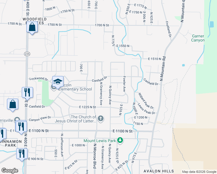 map of restaurants, bars, coffee shops, grocery stores, and more near 1347 North Quincy Avenue in Ogden