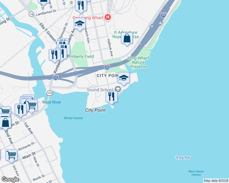 map of restaurants, bars, coffee shops, grocery stores, and more near 60 South Water Street in New Haven