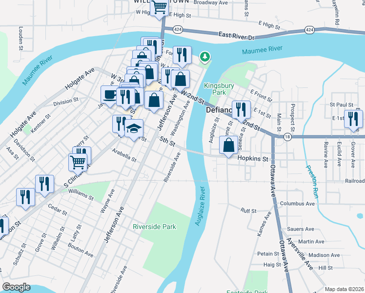 map of restaurants, bars, coffee shops, grocery stores, and more near 605 Riverside Avenue in Defiance