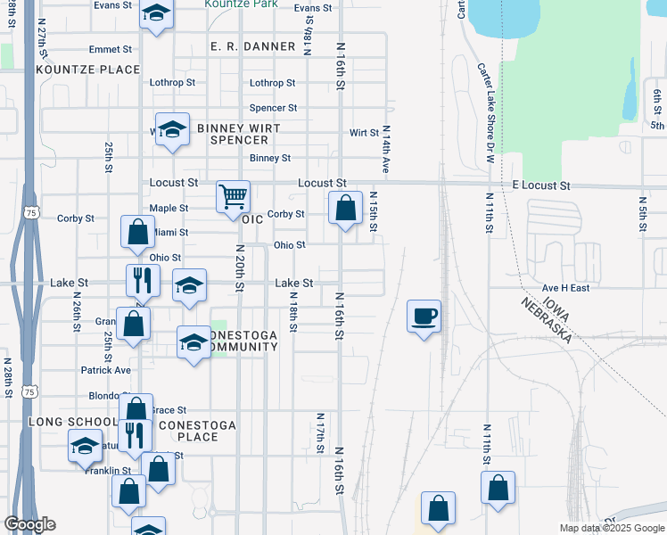 map of restaurants, bars, coffee shops, grocery stores, and more near 2514 North 16th Street in Omaha