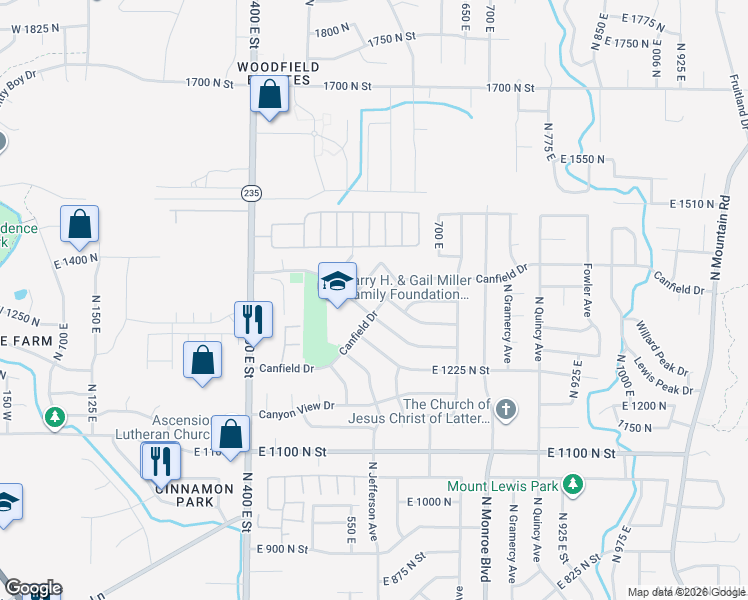 map of restaurants, bars, coffee shops, grocery stores, and more near 550 Canfield Drive in Ogden