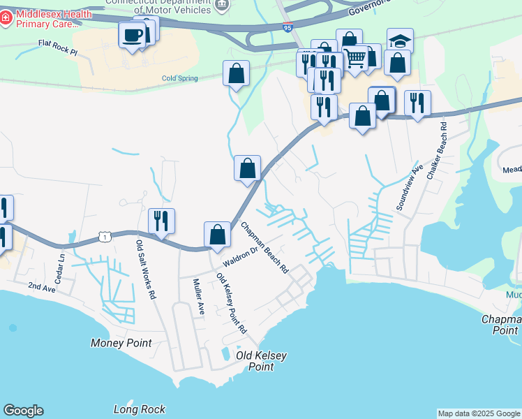 map of restaurants, bars, coffee shops, grocery stores, and more near 20 Chapman Beach Road in Westbrook
