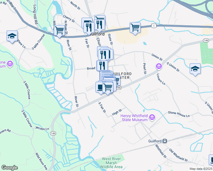 map of restaurants, bars, coffee shops, grocery stores, and more near 11 Water Street in Guilford
