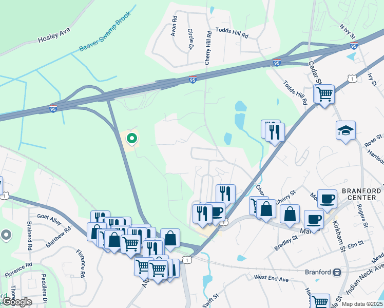 map of restaurants, bars, coffee shops, grocery stores, and more near 109 Montoya Drive in Branford