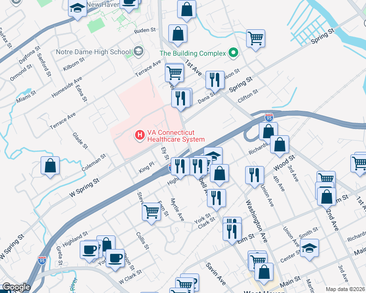 map of restaurants, bars, coffee shops, grocery stores, and more near 25 Abner Street in West Haven