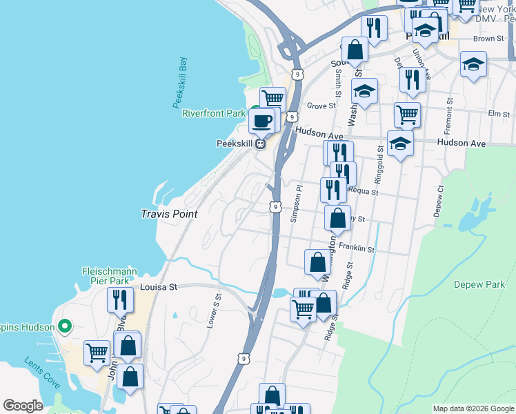 map of restaurants, bars, coffee shops, grocery stores, and more near 24 Waterview Estate in Peekskill