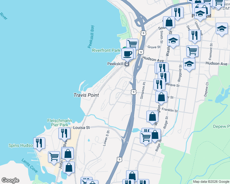 map of restaurants, bars, coffee shops, grocery stores, and more near 212 Highridge Court in Peekskill