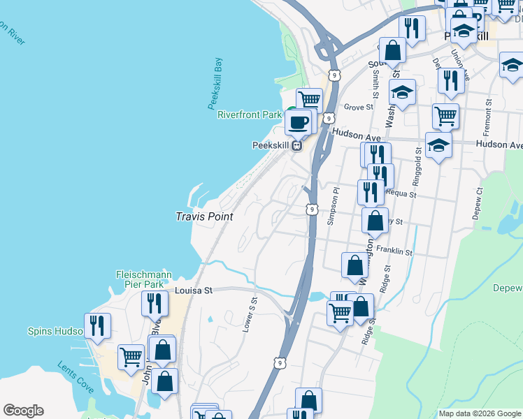 map of restaurants, bars, coffee shops, grocery stores, and more near 123 Waterside Close in Peekskill