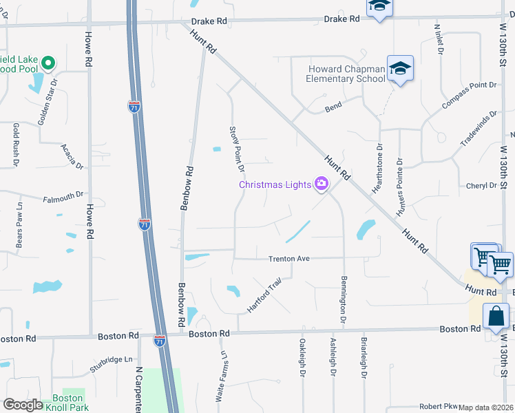 map of restaurants, bars, coffee shops, grocery stores, and more near 14814 Camden Drive in Strongsville
