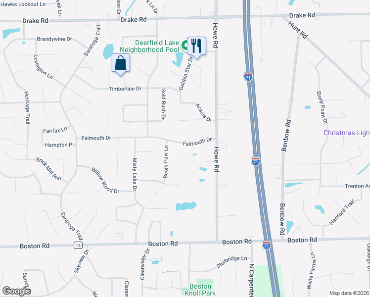 map of restaurants, bars, coffee shops, grocery stores, and more near 16215 Falmouth Drive in Strongsville