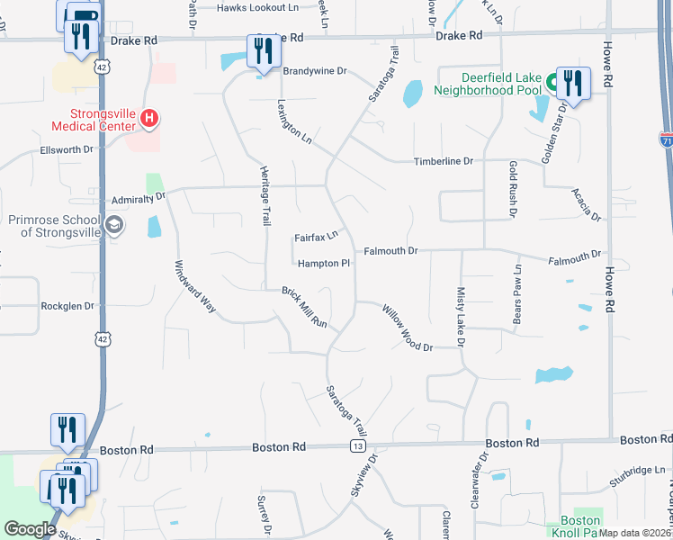 map of restaurants, bars, coffee shops, grocery stores, and more near 18788 Saratoga Trail in Strongsville