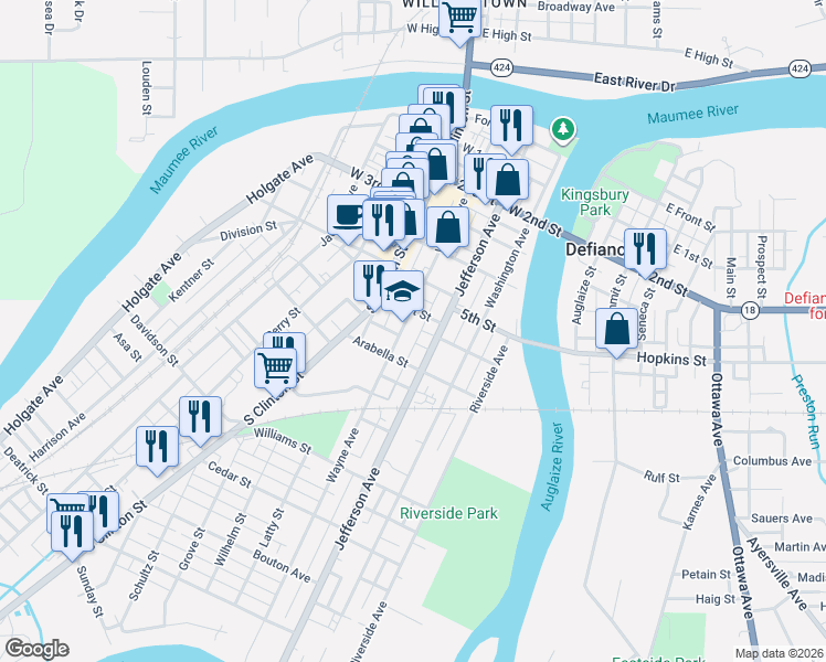 map of restaurants, bars, coffee shops, grocery stores, and more near 664 Jefferson Avenue in Defiance