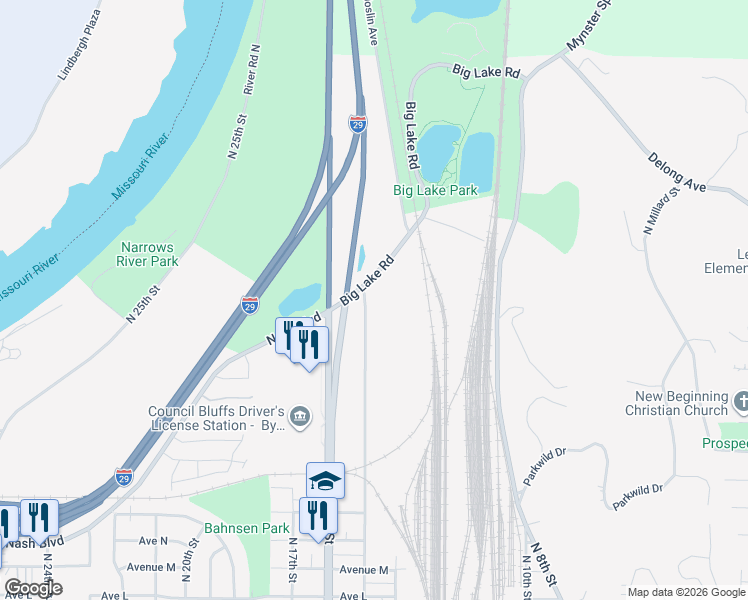 map of restaurants, bars, coffee shops, grocery stores, and more near 2135 North 15th Street in Council Bluffs