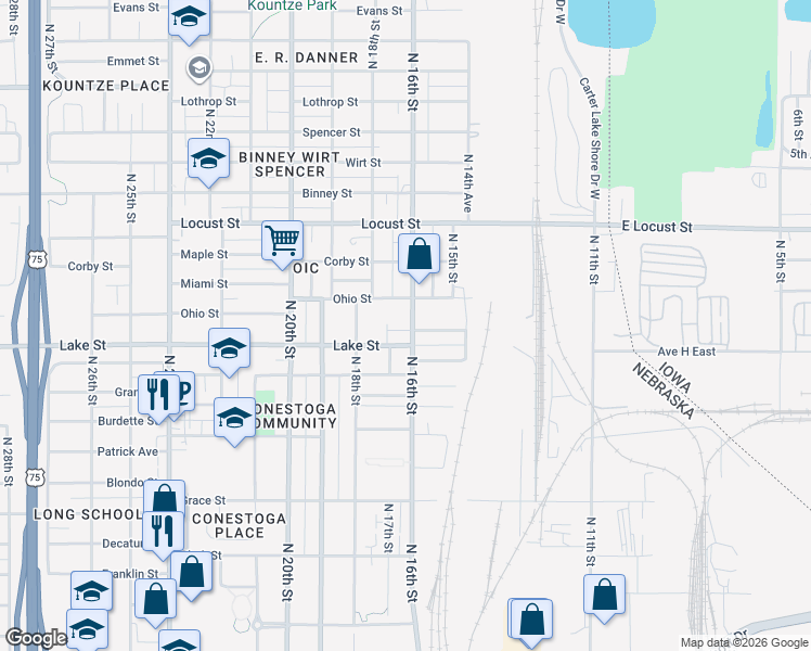 map of restaurants, bars, coffee shops, grocery stores, and more near 2469 North 16th Street in Omaha