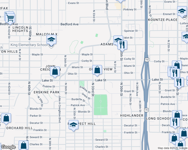 map of restaurants, bars, coffee shops, grocery stores, and more near 3236 Lake Street in Omaha