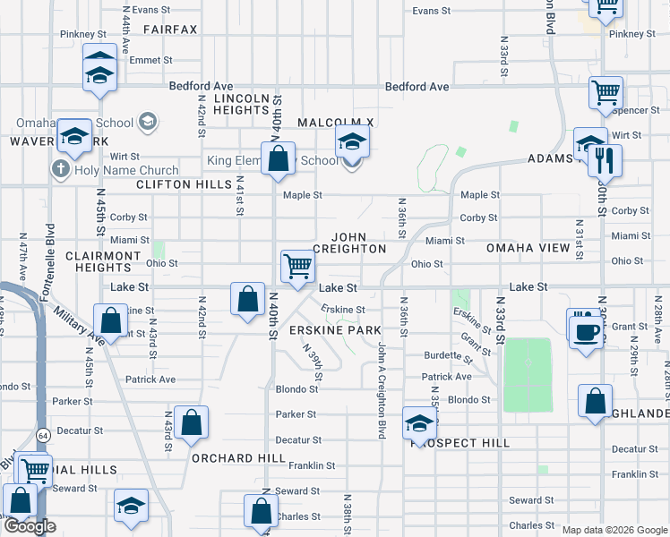 map of restaurants, bars, coffee shops, grocery stores, and more near in Omaha