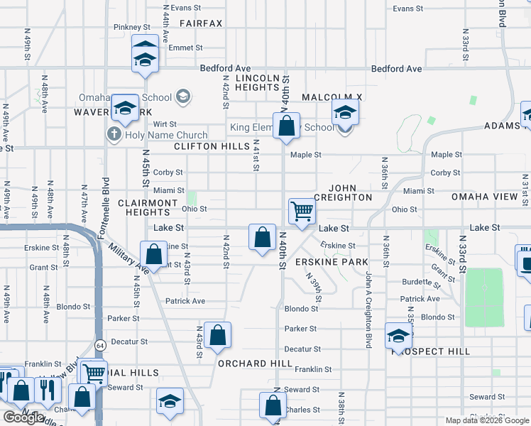 map of restaurants, bars, coffee shops, grocery stores, and more near 4012 Lake Street in Omaha