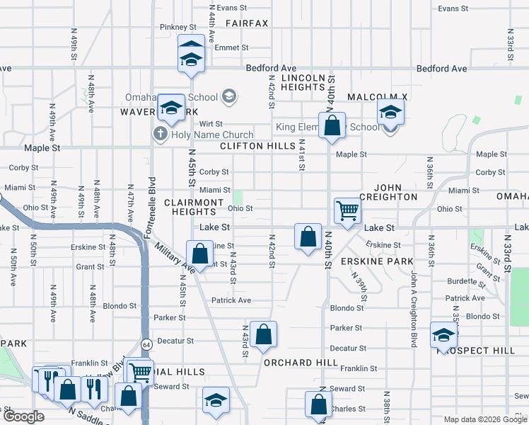 map of restaurants, bars, coffee shops, grocery stores, and more near 4206 Lake Street in Omaha
