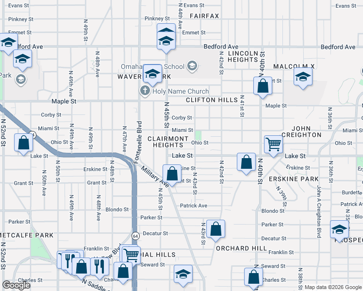 map of restaurants, bars, coffee shops, grocery stores, and more near 4318 Lake Street in Omaha