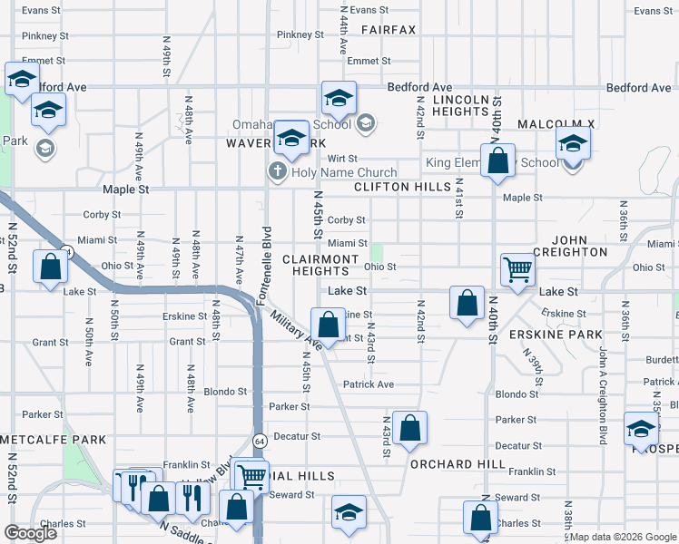 map of restaurants, bars, coffee shops, grocery stores, and more near 4318 Lake Street in Omaha