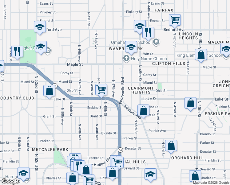 map of restaurants, bars, coffee shops, grocery stores, and more near 2412 Fontenelle Boulevard in Omaha