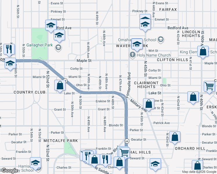 map of restaurants, bars, coffee shops, grocery stores, and more near 2504 North 48th Avenue in Omaha