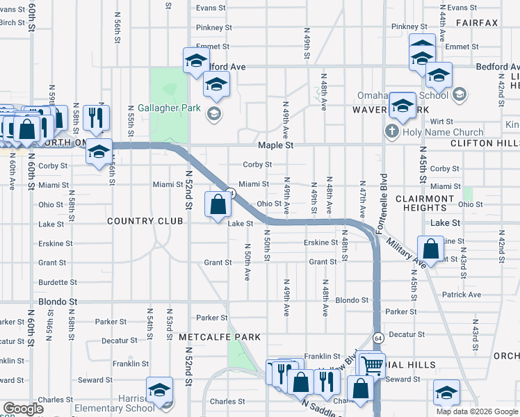 map of restaurants, bars, coffee shops, grocery stores, and more near 5009 Nebraska 64 in Omaha