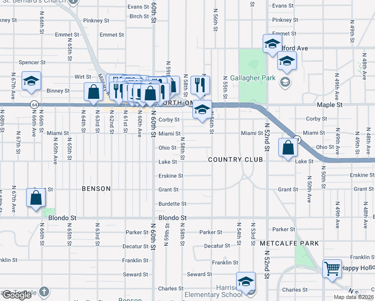 map of restaurants, bars, coffee shops, grocery stores, and more near 5638 Lake Street in Omaha